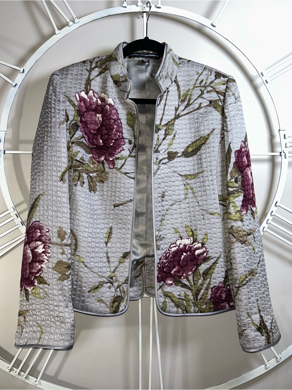 Linda Allard Ellen Tracy Silk Wool Blend Open-Front Quilted Floral Blazer Jacket